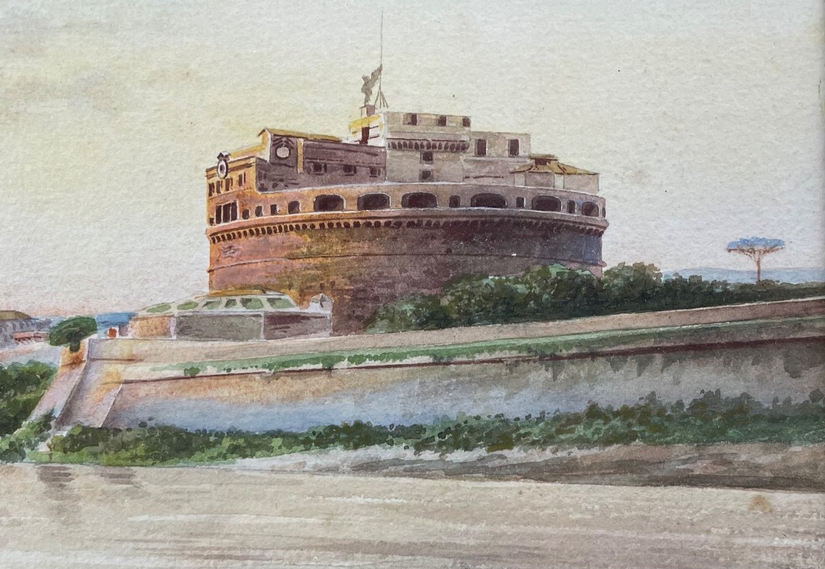 Roman Landscape Castel San't Angelo And River Tiber Watercolour Signed Conti, Italy Late 19th -photo-3